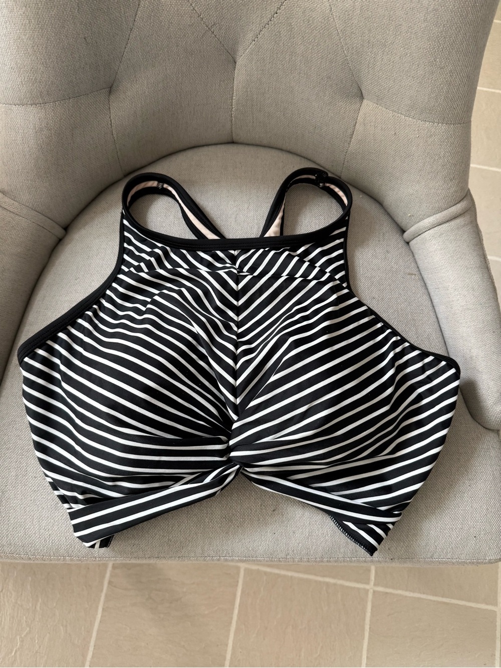 Kona Sol Black and White Striped High-Neck Swim Top